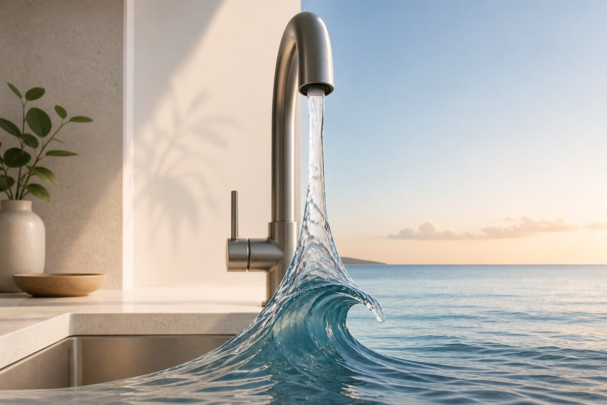 Modern kitchen faucet pouring water that becomes an ocean wave — symbolizing how Hawai'i's tap water connects directly to the islands' water cycle
