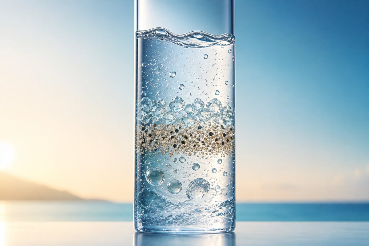 Crystal-clear water in a glass with mineral particles visible — illustrating the question of what's actually in Hawai'i tap water
