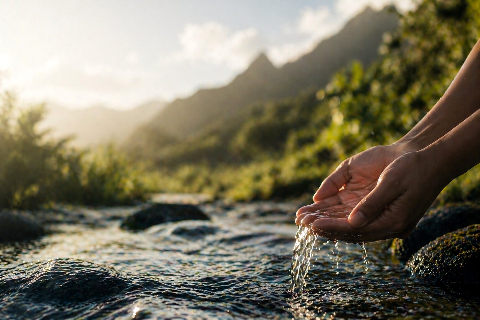 Hands cupping clean water from a Hawaiian mountain stream — Haven's mission to restore source water
