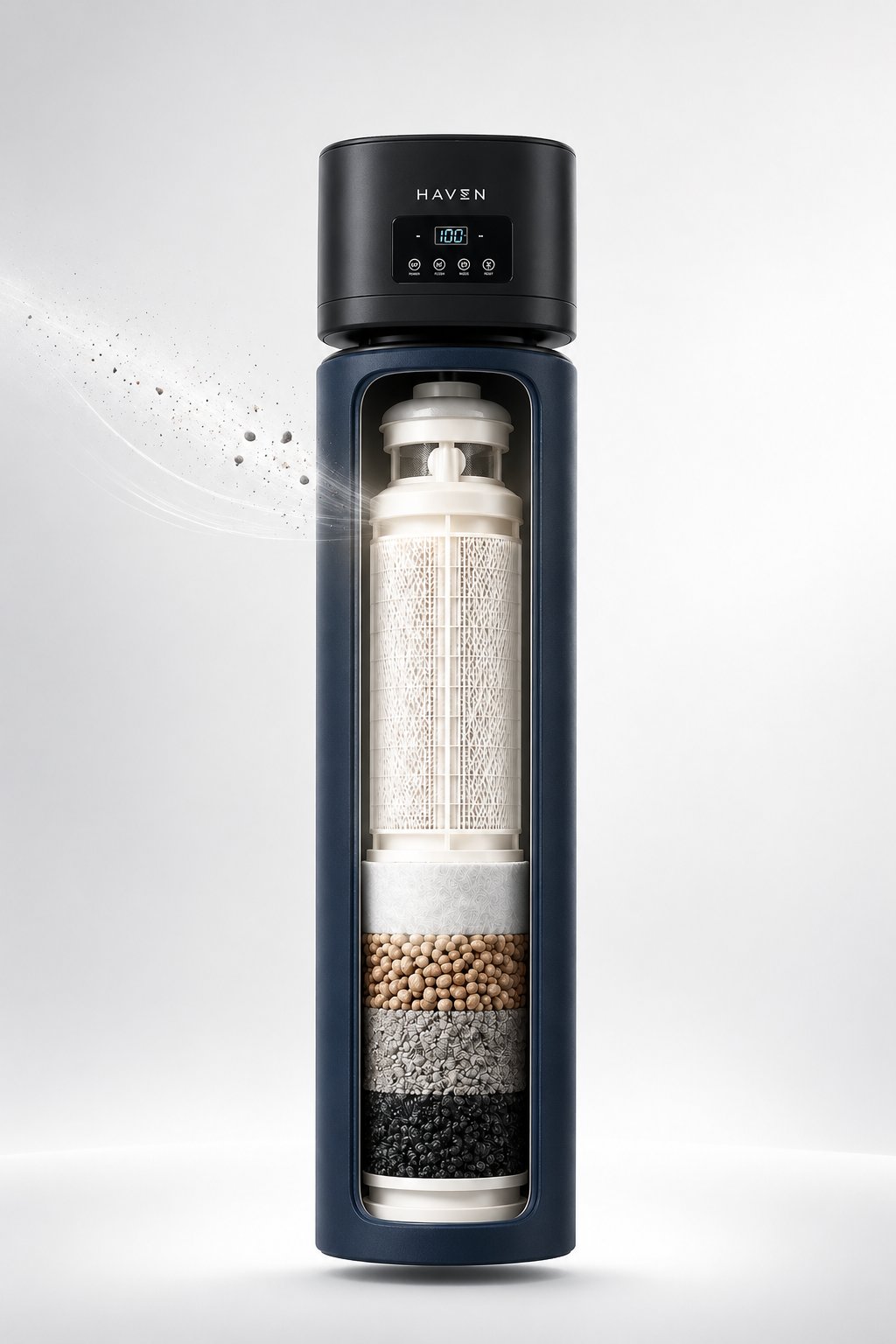 Haven+ whole-home filtration unit with all five filtration stages visible