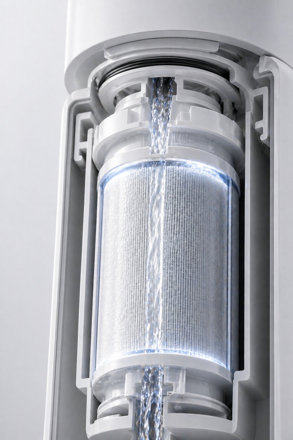 Pleated sediment micro-filtration cylinder with water flowing through